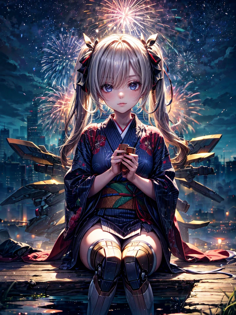 High resolution, Winner of numerous awards, Ultra high definition, Textured skin, Retina,
masterpiece,(bestquality),highlydetailed,ultra-detailed,1girl, (A composition where a girl is sitting on ロボット:1.4)(Watch the fireworks)(natural lighting,confidentexpression),(panorama:1.2),mecha, smile,angle、chrome,raw(A beautiful girl in a yukata with blonde twin tails:1.5)(Fireworks lighting)星空Gaze, Gaze,