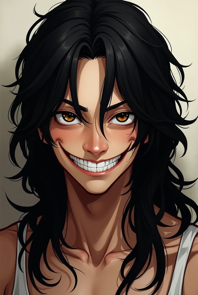 naughty man, Youngh, medium long black hair, eyes browns, stark, Grinning, offwhite