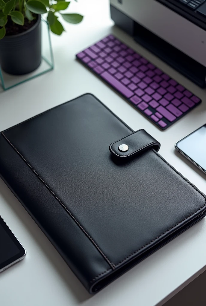 A black leather portfolio, with a tablet ,a purple keyboard and an all-in-one printer.