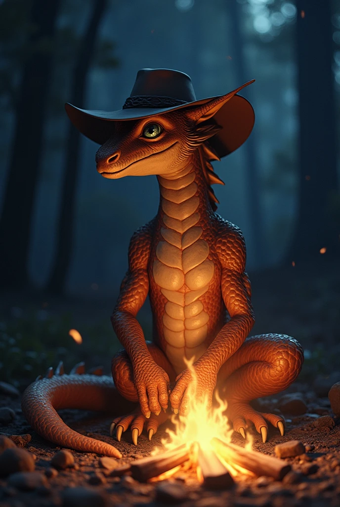 solo, kemono, (dragon), anthro, male, ((bronze body)), scales, tail, muscles, handsome, cowboy hat,  medieval, fantasy, outdoors, outside, dark, night, forest, campfire, camp, stars, sitting, toe claws, epic, depth of field, perfect lighting, (light particles),(best quality),(masterpiece),(ultra detailed),sharp focus,light particles