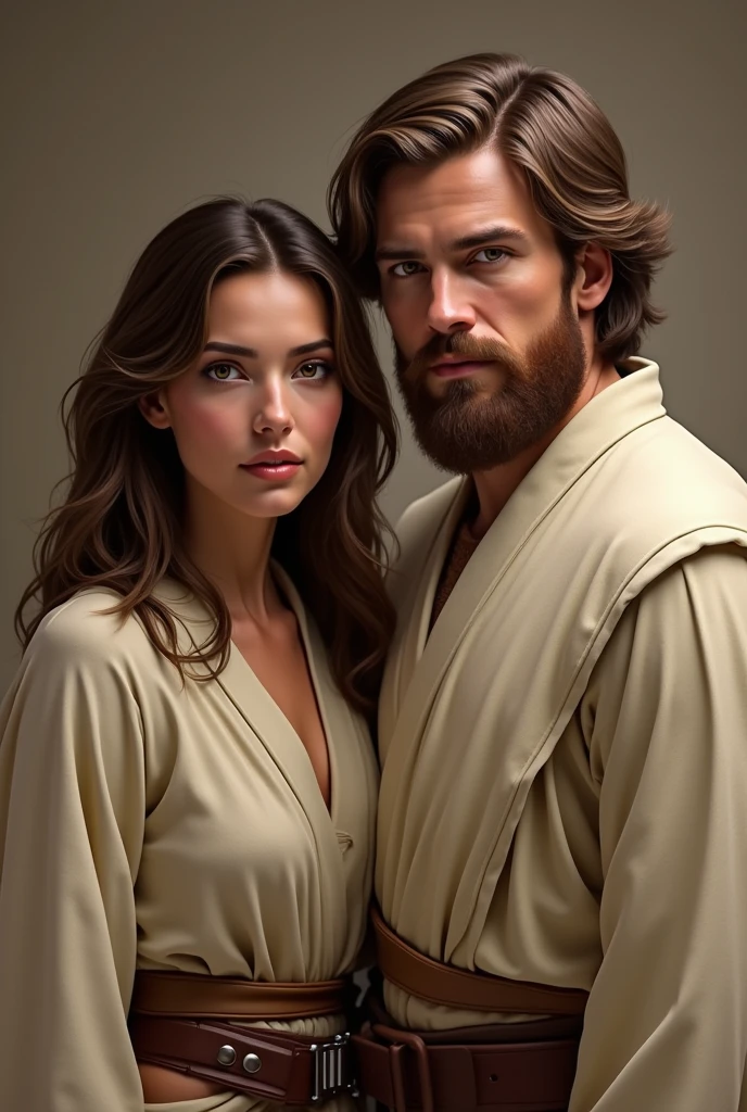 Creating a couple in the world of Star Wars, she has 1,69 and he has 1,82. She has shoulder length hair, brown, Caucasian skin, olhos brown. He has brown hair, brown beard, offwhite, and a little chubby.