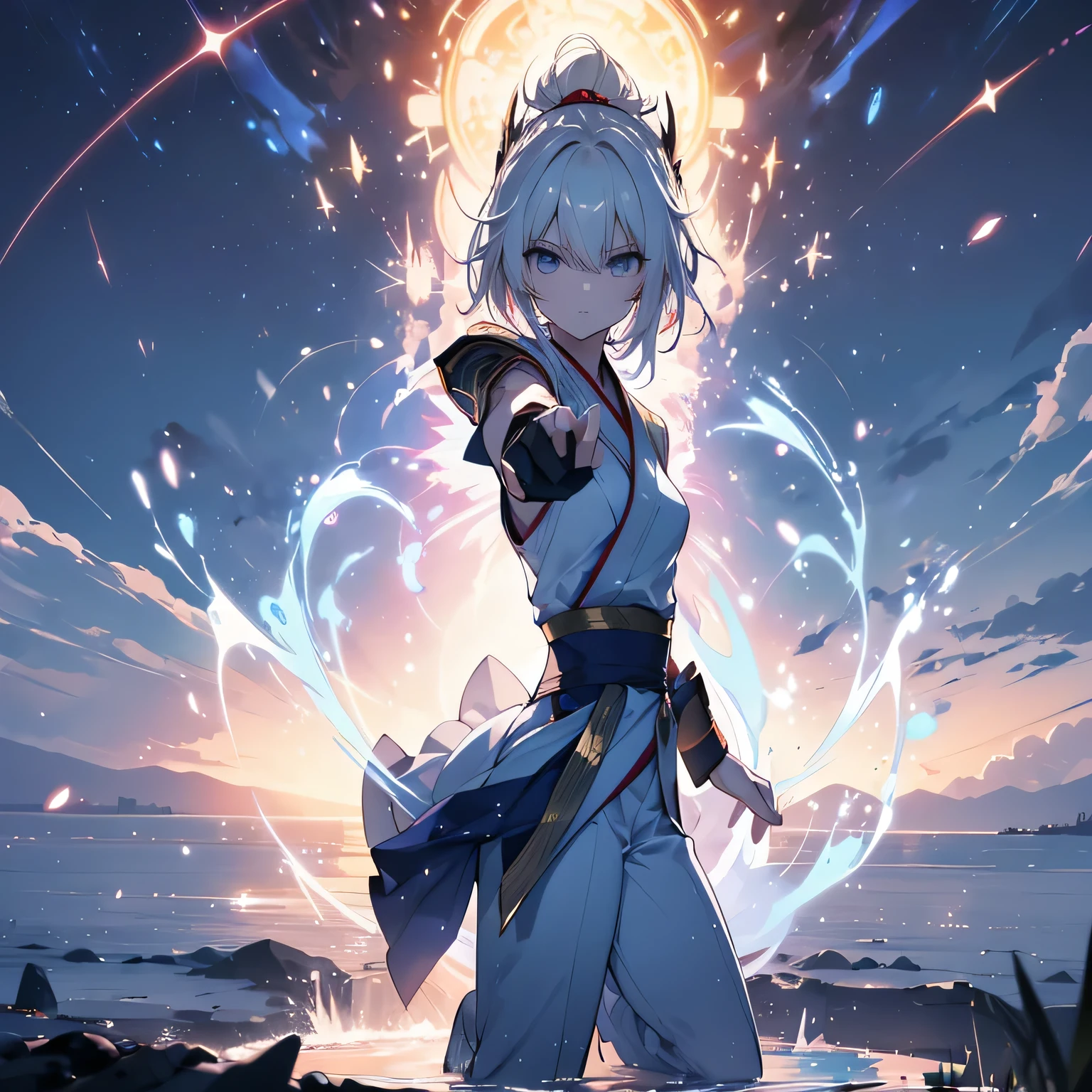 A stunning female Super Saiyan。Blonde short straight hair,Soft and shiny,Floating in the wind。Exquisite and three-dimensional facial features,Eyes bright as stars,A resolute and courageous look。
She is wearing an orange-red martial arts uniform similar to Sun Wukong,The top is loose,White trim on collar and cuffs。Clothes are light and tough,Fits the figure,Accentuate muscle lines。The lower body is loose martial arts pants,Trouser hem cuffs。Wide blue belt tied at waist,There are mysterious patterns on it。
Firm and elastic arm and leg muscles,Explosive。The golden and blue energy rays continue to surge around the body.,Like a whirlpool,With a slight electric glow。with a serious and focused expression,tight lips,Exudes a powerful and invincible aura。