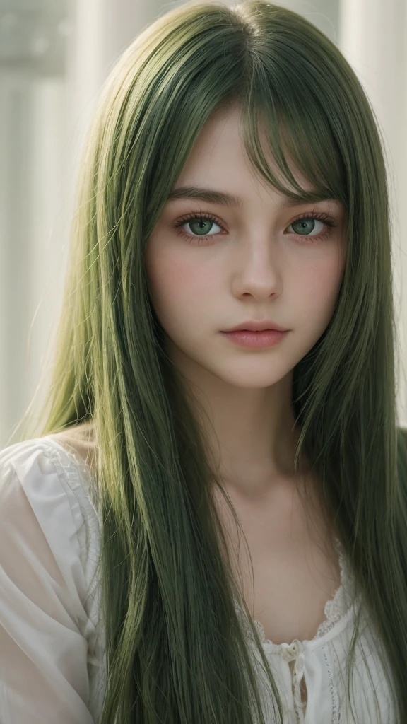a girl, european, extremely detailed face, oval face, delicate facial features, charming and extremely detailed half-closed eyes, green eyes, long straight and very thick hair, green hair, sad, soft and gentle expression