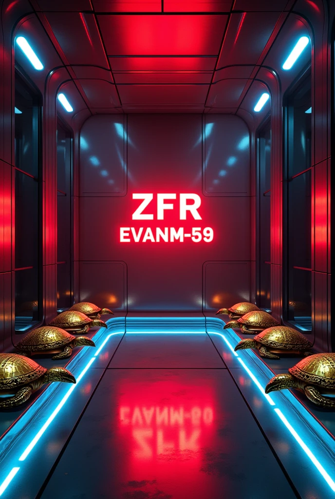 Stylish futuristic room with neon lights and golden turtle statues on the sides and a sign that says ZFR EVANM-59 in red
