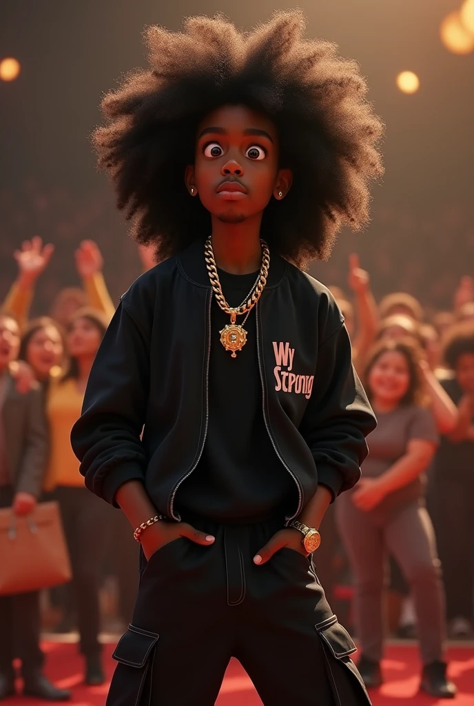 Disney Pixar (YOUNG BLACK MAN WITH LONG, CURLY BLACK HAIR) He is performing in a big show with a big crowd, in a black sports jacket with Wy Strong Sil writing, black wide pants with lots of pockets, black sneakers, many thick gold threads around the neck, gold watch on wrist,  ( It doesn&#39;t change the appearance of the face and the hair is already perfect) pixar, cool and stylish