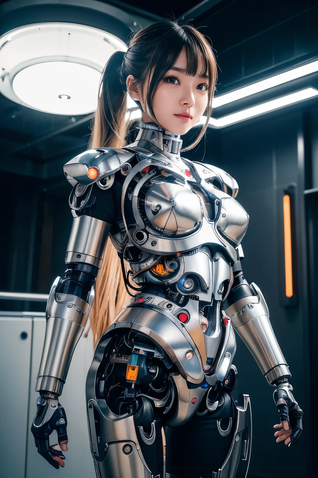 masterpiece、 Metal Robot、Cyberdyne、Artificial body、All-metal body、Ironwork、Abdominal Mechanism、Prosthetic arm、Prosthetic limbs、Beautiful girl、、Asian beauty's belly exposes actuators and cables、From the neck down, it's a metal robot body.、Complex 3d rendering beautiful porcelain profile super detailedd female android face、cyborg、Robot parts、150mm、Beautiful studio soft light、Rim Light、Vivid details、Gorgeous cyberpunk、Ren Hao、Surreal、Anatomical、Facial muscles、Cables, Wires, Microchips、elegant、Beautiful background、Octane Rendering、HR Giger Style、8k、Highest quality、masterpiece、Awareness-raising、Very delicate and beautiful、 非常にdetailedなCG、Unity、wallpaper、(Realistic、Photorealistic:1.37)、Amazing、detailed、masterpiece、Highest quality、Official Art、Highly detailedd CG Unity 8k wallpaper、Absurd、Unbelievably absurd、、、Silver Beads、Whole Body Ezbian、Sit on