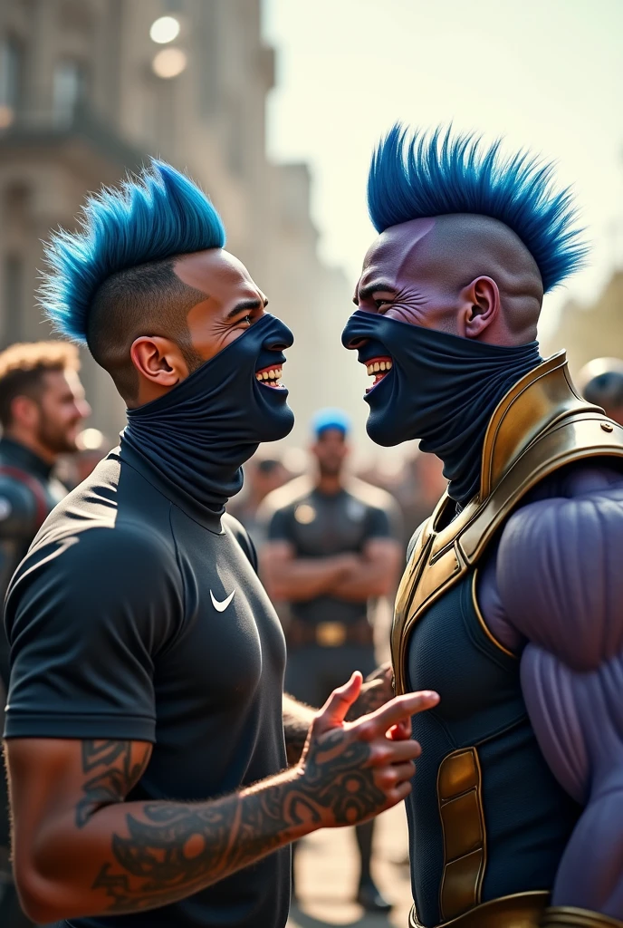 Thanos and Neymar with blue shot mohawk bandana on nose sitting laughing on film set other avengers in background 