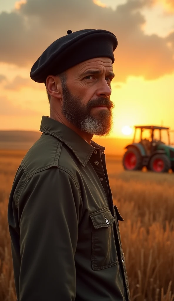 A peasant man wearing a black beret in a vast field with a golden sunrise in the background and a tractor next to him, hyperrealistic, ultra HD, intricate details, well detailed face, 64k