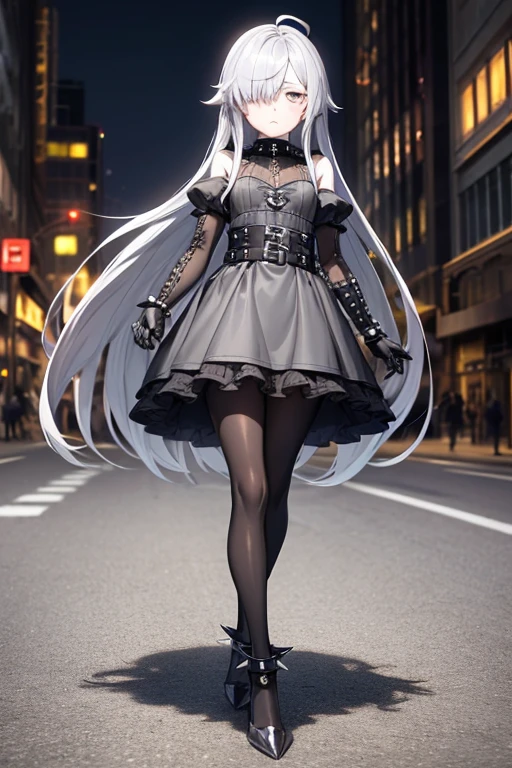 ((best quality)), ((masterpiece)), (detailed), 1 girl, full body, 18 years old, depressed face, silver eyes, blushing, silver hair, long hair, ahoge, bangs, lock of hair covering her right eye, full body, very tall, very small breasts, flat chest, thin body, grey hood, metal spikes, grey wristbands, long black gloves with spikes, grey gothic outfit, gothic lolita dress, puff sleeve, grey dress with metal spikes, metal emblem, somewhat tight, black belt, pale skin, black pantyhose, black shoes, walking through the city, metal spikes coming out of the road, looking at me, city background, anime