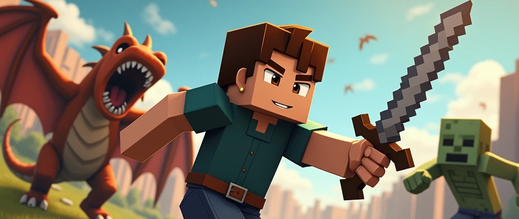 boy with brown hair, Eye Brown, and small diamond earring, com terno preto, minecraft style, with a sword, Fighting with a dragon, A zombie, a spider, and a skeleton.
