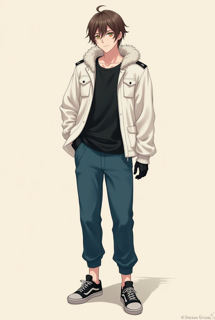 The portrait of the male person must carry:
- Heterochromia, with one dark green eye and the other dark red eye - Light skin with a pinkish tone - Slightly long and straight hair with some brown tips - A soft and expressive smile - A cream or beige colored background - Must have clothes like a black t-shirt, white jacket with some plush on the shoulders , Marine blue pant, Black tennis shoes with white soles and black gloves - Must be about 22 years old - Must be one meter and seventy centimeters tall