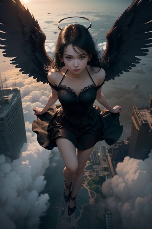 (((flying in the sky:1.2)))(masterpiece, best quality, detailed photo), (1girl, black hair, angel of death, brown eyes, dark angel wings, black dress, full body, facing the viewer, arms behind back, sky, halo, post-apocalypse)