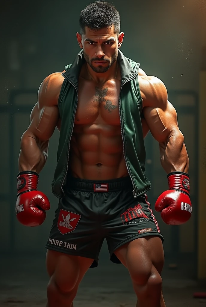 Mexican 32 year old man wearing sleeveless open vest and muay thai short shorts