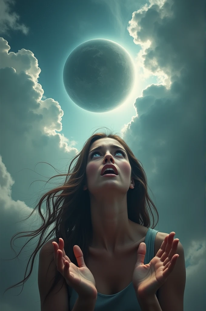 A brown-haired woman looks frightened in the sky at a planet that will collide with the earth