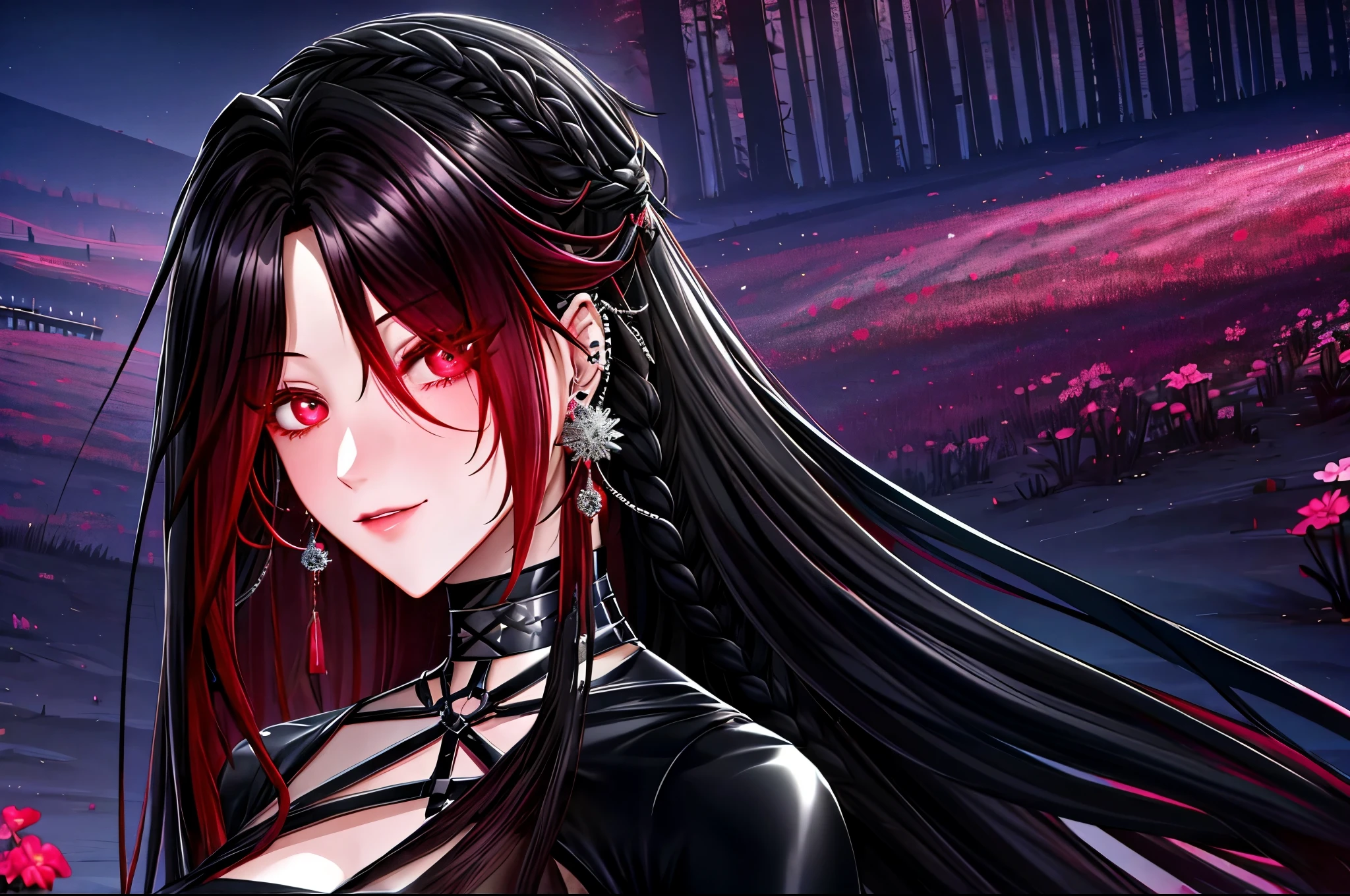 shoujo style, frosty style, (romantic manhwa), 1 girl, black cyclamen hair, solo, long braided hair, long braid, dress, red cyclamen eyes, mascara, makeup, elbow gloves, bra, jewelry, many ear piercings , viewer, collarbone, accessories, upper body, parted bangs, braided hair, side braid, black dress, bangs, outdoors, detailed eyes, dynamic cut, walking in a rose field at night, flowers, warm, summer environment, beach, evil smiles 