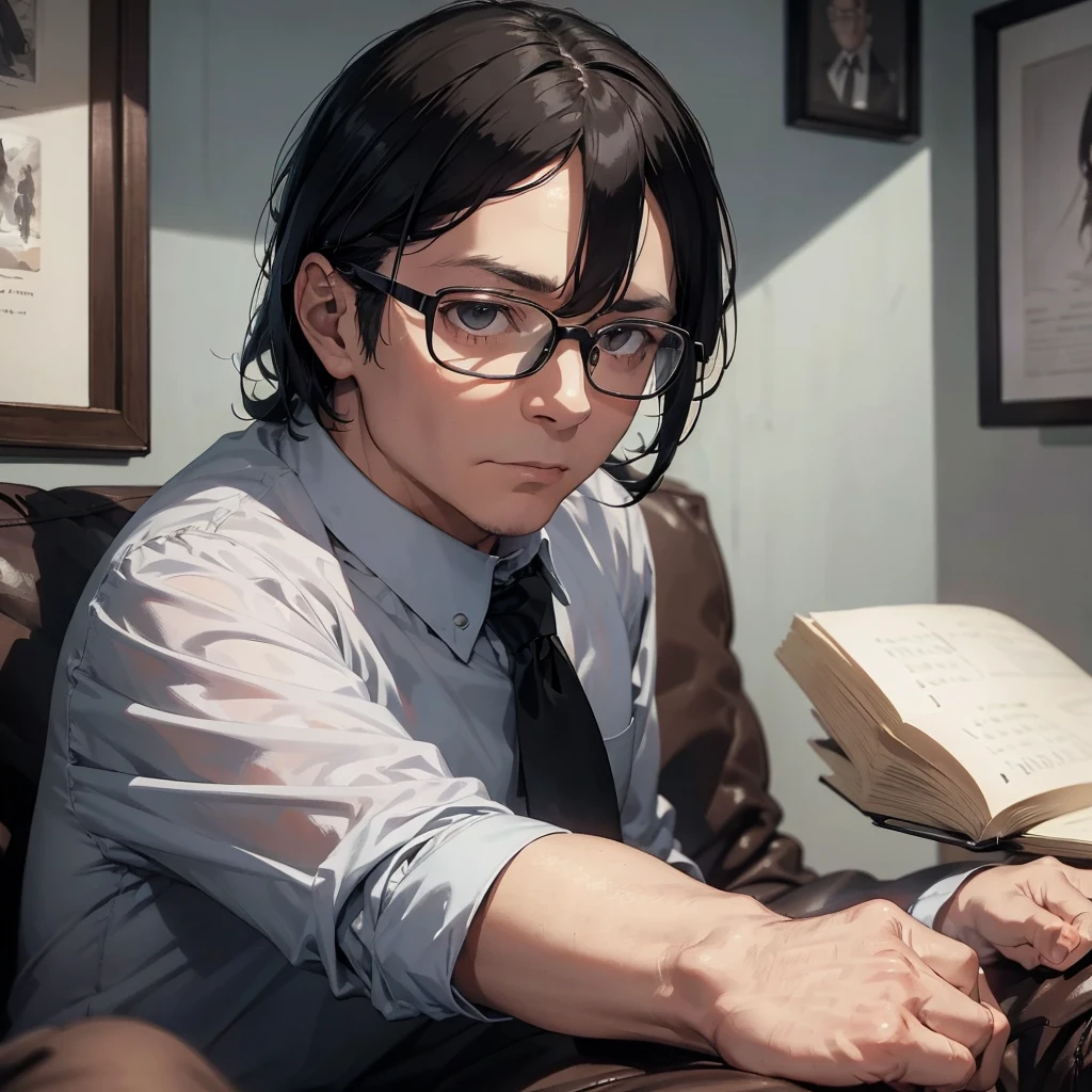an elderly man adult, tie, wearing glasses and black hair, sitting on a sofa in a house, detailed portrait, realistic, photorealistic, 8k, ultra-detailed, masterpiece, dramatic lighting, cinematic, warm color tones, high quality