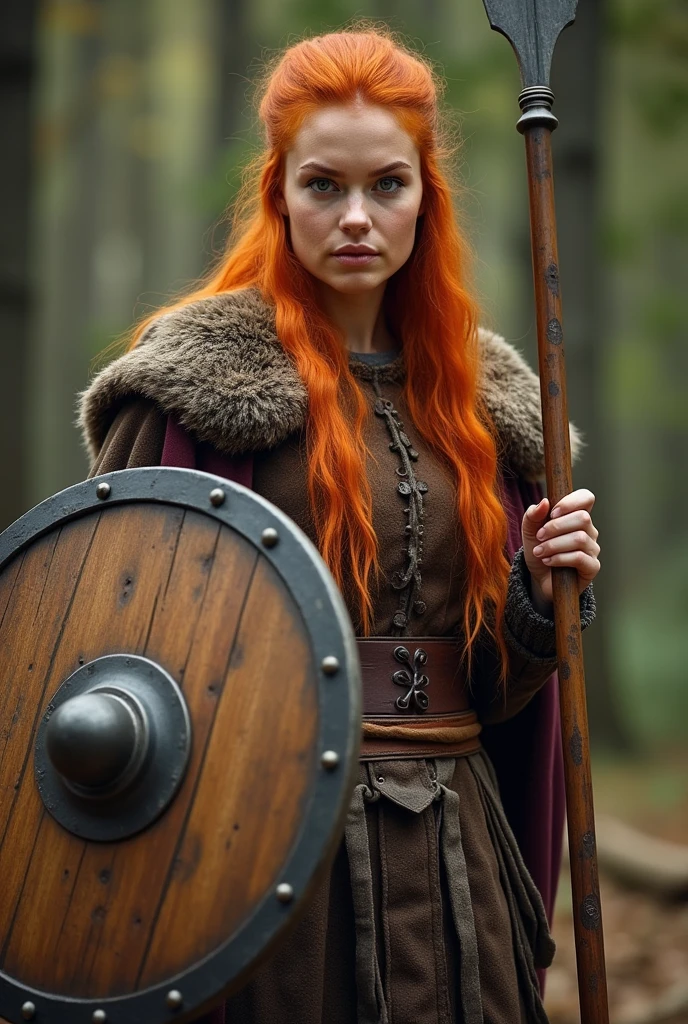 Ginger female viking Warriors holding a spear and wooden round shield