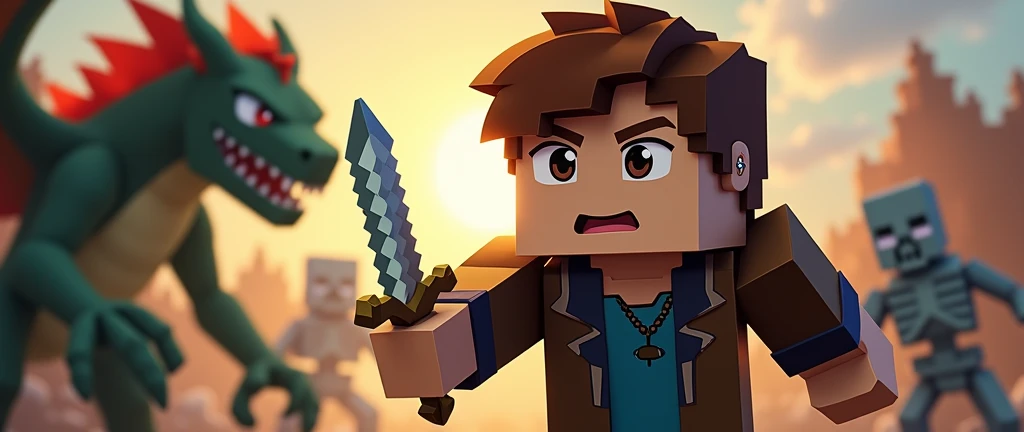 boy with brown hair, Eye Brown, and small diamond earring, com terno preto, minecraft style, with a sword, Fighting with a dragon, A zombie, a spider, and a skeleton.