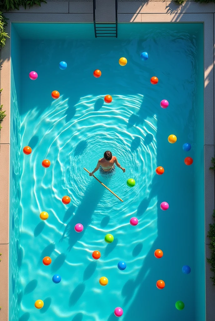 I need an image of a pool containing small inflatable balls that are being distributed by a person with a stick in the center of the pool.. The image must be viewed from a top-down perspective.. But let the whole pool be seen. that the image is larger and that the balls are of the same color


