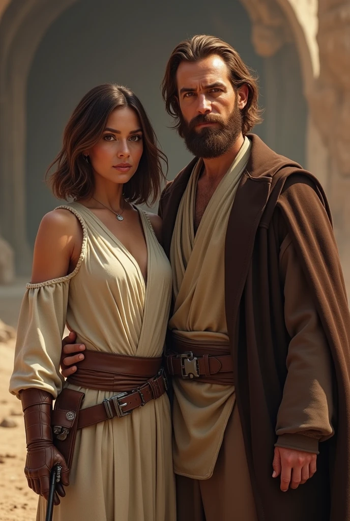 Creating a couple in the world of Star Wars, she has 1,69 and he has 1,82. She has shoulder length hair, brown, Caucasian skin, olhos brown. He has brown hair, brown beard, offwhite, and a little chubby. They are in the middle of a war in the universe