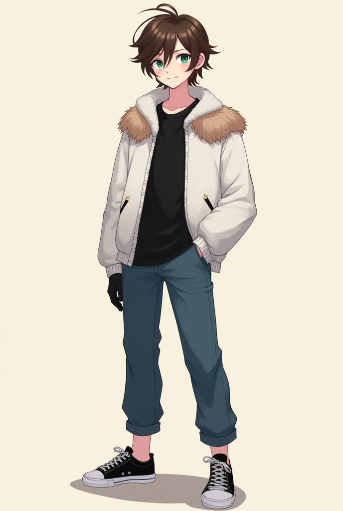 The portrait of the male person must carry:
- Heterochromia, with one dark green eye and the other dark red eye - Light skin with a pinkish tone - Slightly long and straight hair with some brown tips - A soft and expressive smile - A cream or beige colored background - Must have clothes like a black t-shirt, white jacket with some plush on the shoulders , Marine blue pant, Black tennis shoes with white soles and black gloves - Must be about 22 years old - Must be one meter and seventy centimeters tall