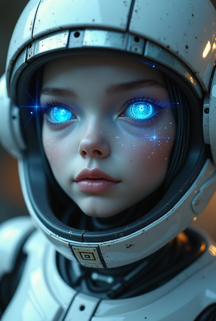 (Close-up of a better masterpiece:1.5)0.9], (Space and AI robot:1.2) (Messy silver :1.1) (Heterochromia xanthochromia and blue eyes:1.2) (Space Helmet:1.0) (Colored stars in the eyes:1.0) (A radiant glow:1.1) (thick lips:0.9)