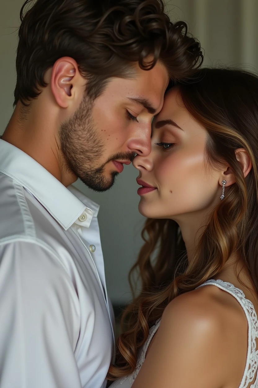 A pair of star-crossed lovers, Emily and Ethan, their passion evident in every lingering touch and tender gaze. A realistic photo captures the essence of their bond, with vivid details bringing their relationship to life. Emily's striking features, with her long brown hair and expressive blue eyes, are shown in exquisite detail, along with the soft curve of her lips. Ethan, with his clean-shaven, handsome face and intense green eyes, is depicted wearing a white dress shirt. The overall composition exudes a sense of sincere connection and intimacy. Emily is dressed in a white dress, and Ethan complements her with his white shirt, enhancing the purity and depth of their connection.