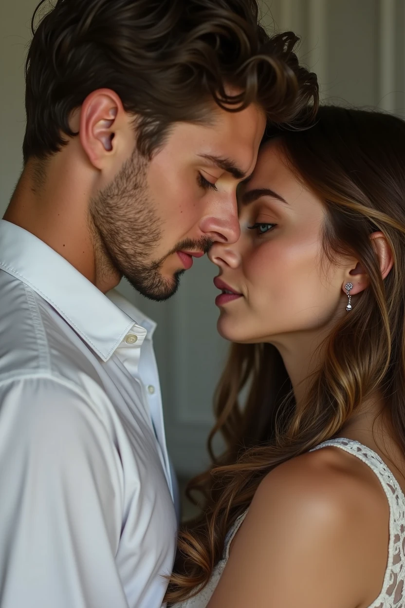 A pair of star-crossed lovers, Emily and Ethan, their passion evident in every lingering touch and tender gaze. A realistic photo captures the essence of their bond, with vivid details bringing their relationship to life. Emily's striking features, with her long brown hair and expressive blue eyes, are shown in exquisite detail, along with the soft curve of her lips. Ethan, with his clean-shaven, handsome face and intense green eyes, is depicted wearing a white dress shirt. The overall composition exudes a sense of sincere connection and intimacy. Emily is dressed in a white dress, and Ethan complements her with his white shirt, enhancing the purity and depth of their connection.