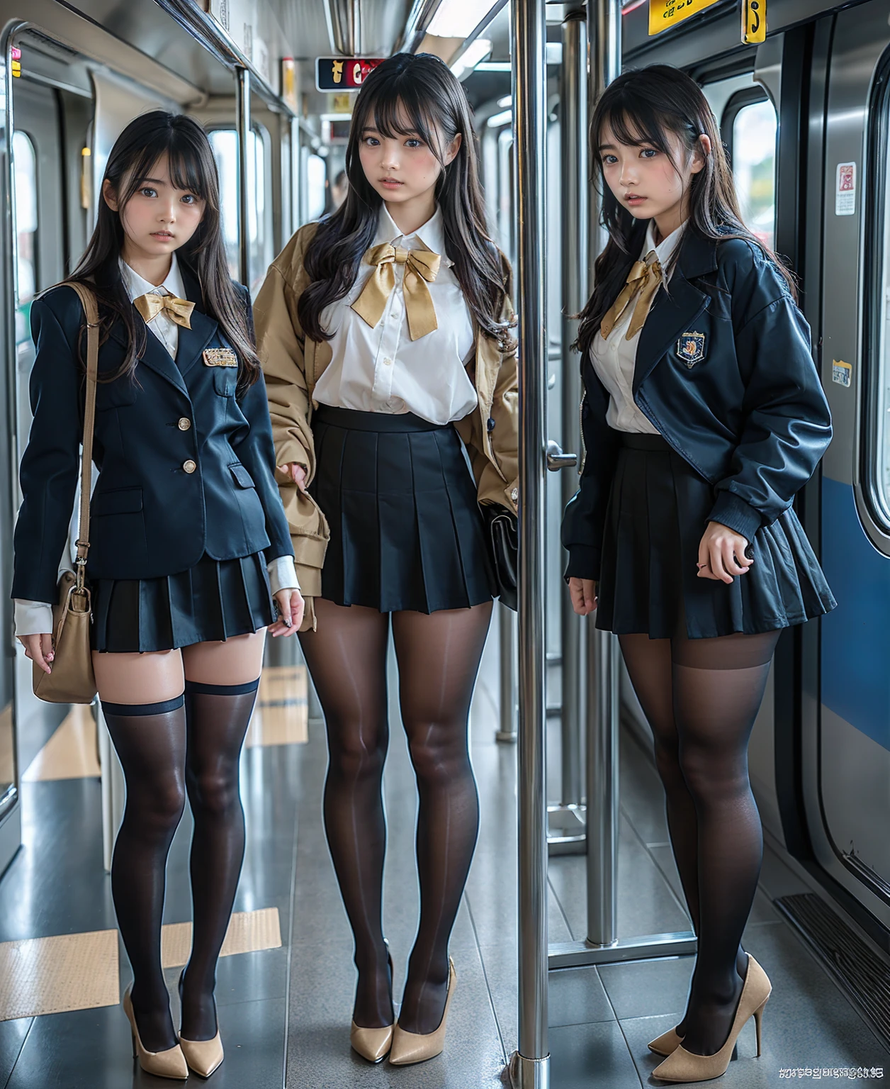 Great quality, 16K, (RAW Photos:1.4), High resolution, ((Composition away from the subject)), ((Full body photo from face to ankles)), ((Perfect Anatomy)), 2 females, , (Please take a picture from the front.), First Person View, Wide-angle, 超High resolution, Anatomically correct, Super Detail, (8k), (Highest quality: 1.5), 超High resolution, Very detailed, Golden Ratio, (Two tall Japanese high school 女の子s), 24-ye-old, (F Cup Big:1.7), Huge breasts, Cleavage, (Two Sisters), (Full body photo), Large physique, ((A uniform consisting of a navy blue shirt with a red ribbon and a beige tight miniskirt)), Detailed skin, Glowing Skin, Baby Face, Korean Girls, ( Ivory Black ), Choi Hong-hwa, Lee Ji-eun, Lee Ji-eun, ulzzang, Korean, sakimichan, Jaeyoung Nam, Kim Tae-jun, double eyelid, eyes with long eyelashes, Small face, Three Sisters, (Full body photo), (Angry with a super cute face), Angry face, bionde, short hair, hair band, Glare, Frowning, Drooling, Long Tongue, Verbal invitation, compensate, Frowning, Frowning, Overlooking here, Stand in the middle of the train, Stretch your back, The interior is bright,black tights, (Sexy black tights), Brown High Heels, Full Body Shot, Beautiful Hairstyles, Accentuates very slim legs,(Very cute face, Overlooking here, Please put your hands on your hips, Stand with your feet shoulder-width apart), Simple uniforms, The sisters wear the same uniform., Long sleeve uniform, ((thick and long legs)), (Very wide thighs:1.6), (Very long legs:1.4), (I always wear black tights), (The tight mini skirt is a dull beige, Very short), (Oily shiny black tights) , (Wearing high heels), (Very wide thighs), (plump legs), (They always wear black tights.),The sisters wear the same uniform, Wearing a uniform consisting of a navy blue shirt with a red ribbon and a beige tight mini skirt, Street Snap, Full Body Shot of a woman wearing a micro mini skirt and black tights,(The skirt is very short), (Very long legs), (Very wide thighs), (plump l