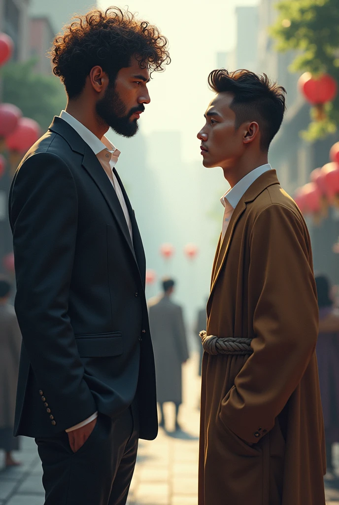 A tall european Man with curly hair and a korean man 