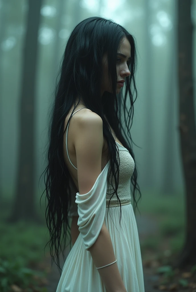 meeting with the mechanical elves overlords (([purple|black] hair)), long hair, white formfitting wet cotton dress, drenched wet fabric, heavy rain, hard nipples bump, see-through,  melancholic gaze at viewer,  (soothing tones:1.0), (hdr:1.25), (artstation:1.2), dramatic, evil creatures behind, boked barckground, rule of third composition (intricate details:1.14), (hyperrealistic 3d render:1.16), (filmic:0.55), (rutkowski:1.1), (faded:1.3)
