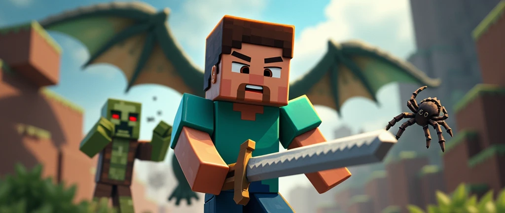 boy with brown hair, Eye Brown, and small diamond earring, com terno preto, minecraft style, with a sword, Fighting with a dragon, A zombie, a spider, and a skeleton.
