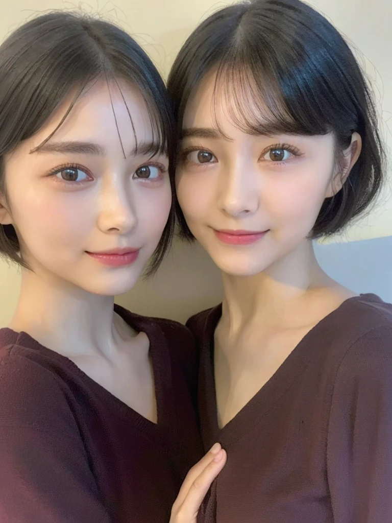 (masterpiece:1.3), (8k, Photoreal, Raw photo, best image quality: 1.4), Japanese high school girl、(random hairstyle:1.2)、cleavage:1.5、super detail face、eye for details、double eyelid、chest to chest、sharp focus:1.2、Beautiful woman:1.4、light brown hair、highest quality、masterpiece、超A high resolution、(Photoreal:1.4)、Highly detailed and professionally lit smiles、loose and light knitwear、shoulder out、thin、serious expression、short haired、deadly position
similar identical twins
All the girls have the exact same face, The two have the same face and figure, as if they were mirror images.
