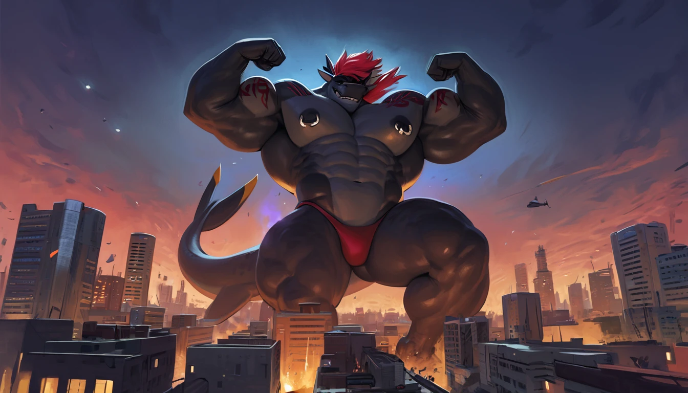 Black colored bara dragon, white countershade, black skin, large plump hairy pecs, strong physique, tribal tattoos, scarlet samurai hair in ponytail, cyan colored eyes, black sclera, very muscular, perfect anatomy, scars on body,nipple piercings, solo, masterpiece beard, strong jaw, thick thighs, giant biceps, muscular, smirking, smug expression, shark tail, macro, tall, incredibly huge, insane height, height difference, in tiny city, standing, two point perspective, from afar, far angle, flexing biceps, flexing arms, at night, night sky, warm aura, great composition, great colors, wearing thong, grin, amazing shading, full body, detailed hands, detailed eyes, detailed face, detailed arms,anthro, muscular, abs, (detailed:1.5), male, detailed background, by darkgem, by sligarthetiger, by meesh, by taran fiddler:0.6,
