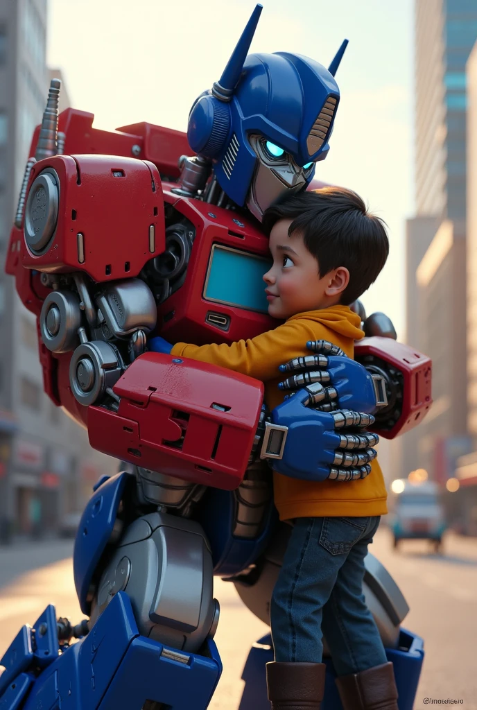 Optimus Prime and Spider Man Robot and boy, Hug robot and boy