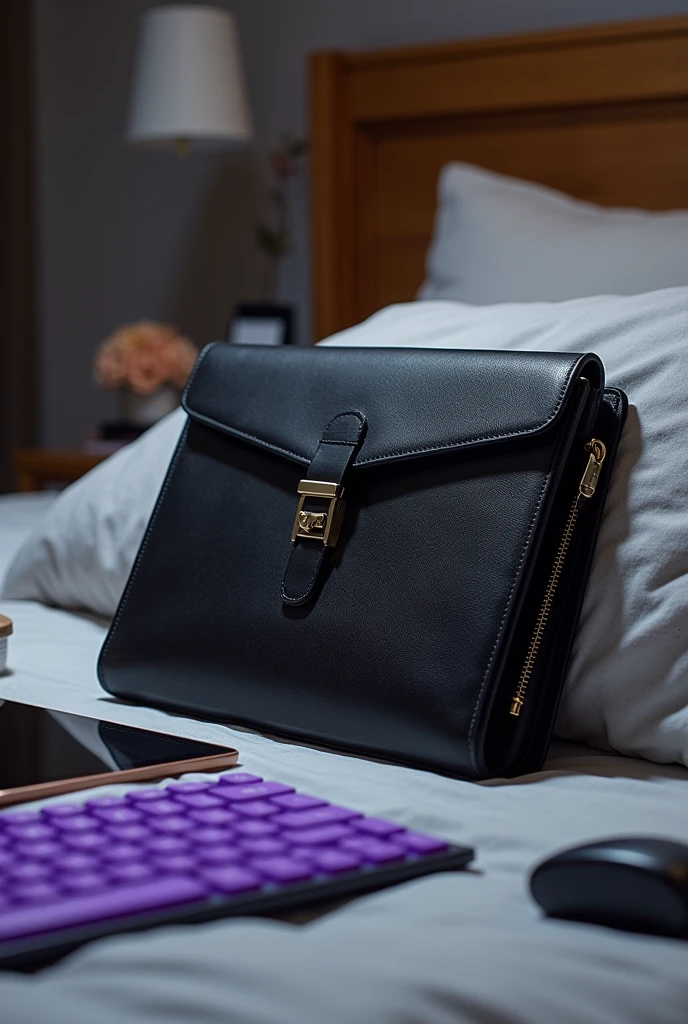 A black leather portfolio,is held in the headboard, with a tablet ,a purple keyboard and an all-in-one printer.