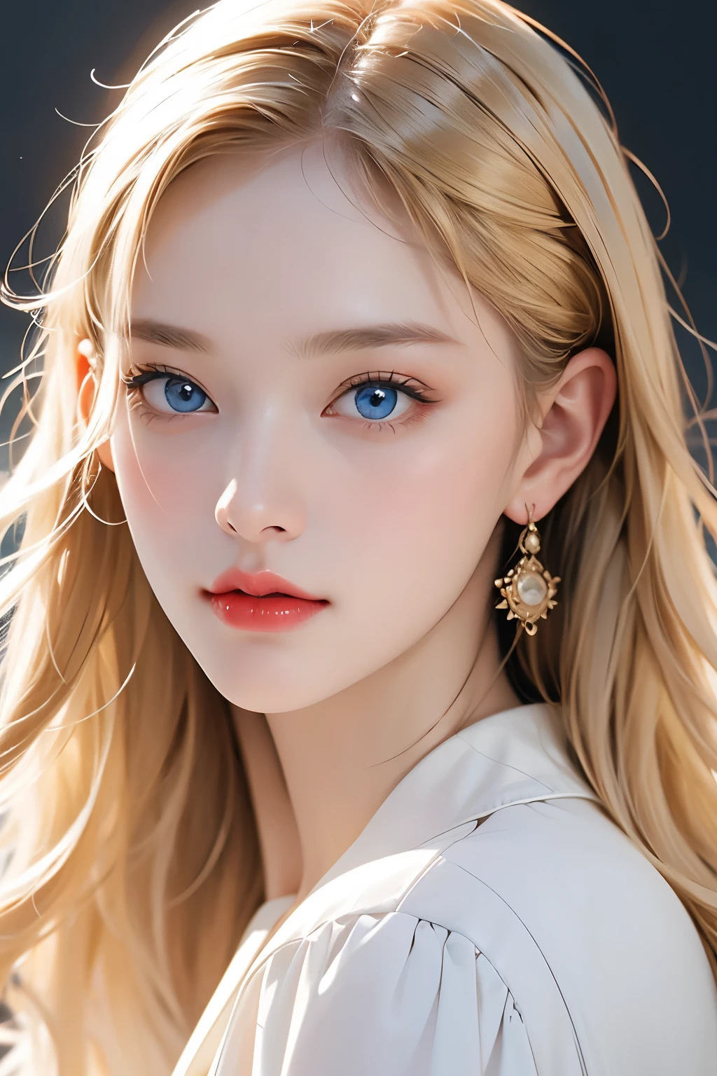 1 girl, face only, blonde hair, long hair, blue eyes, (detailed eyes), (beautiful detailed face:1.0), (realistic), single focus, single background, female focus, Portrait, (masterpiece:1.0), (best quality:1.0), (8k wallpaper:1.0), red lips, perfect nose,