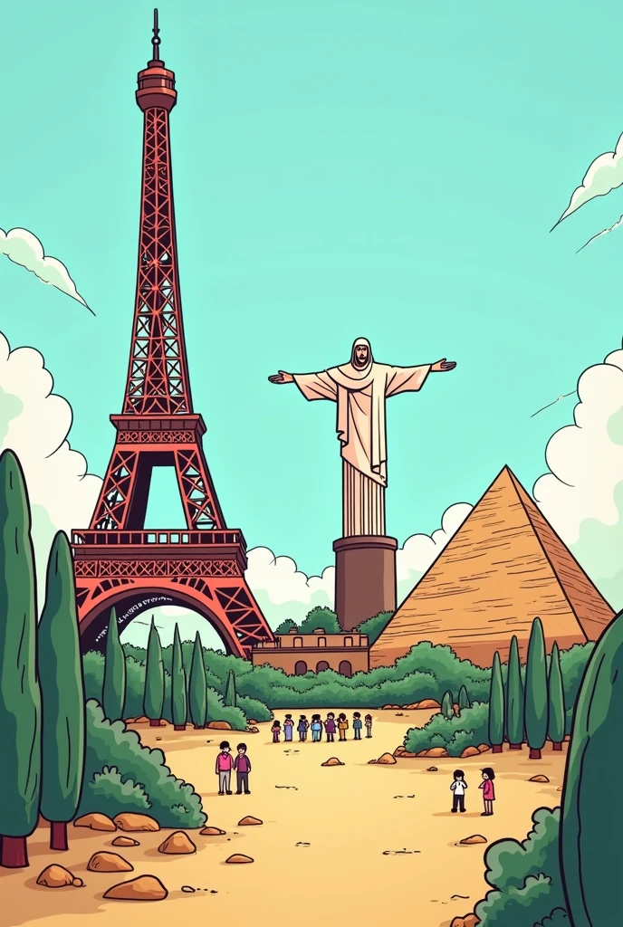 A very simple and easy to draw image of a place that has the Eiffel Tower, Christ the Redeemer and a Pyramid. This image is for a comic strip. with very simple features.