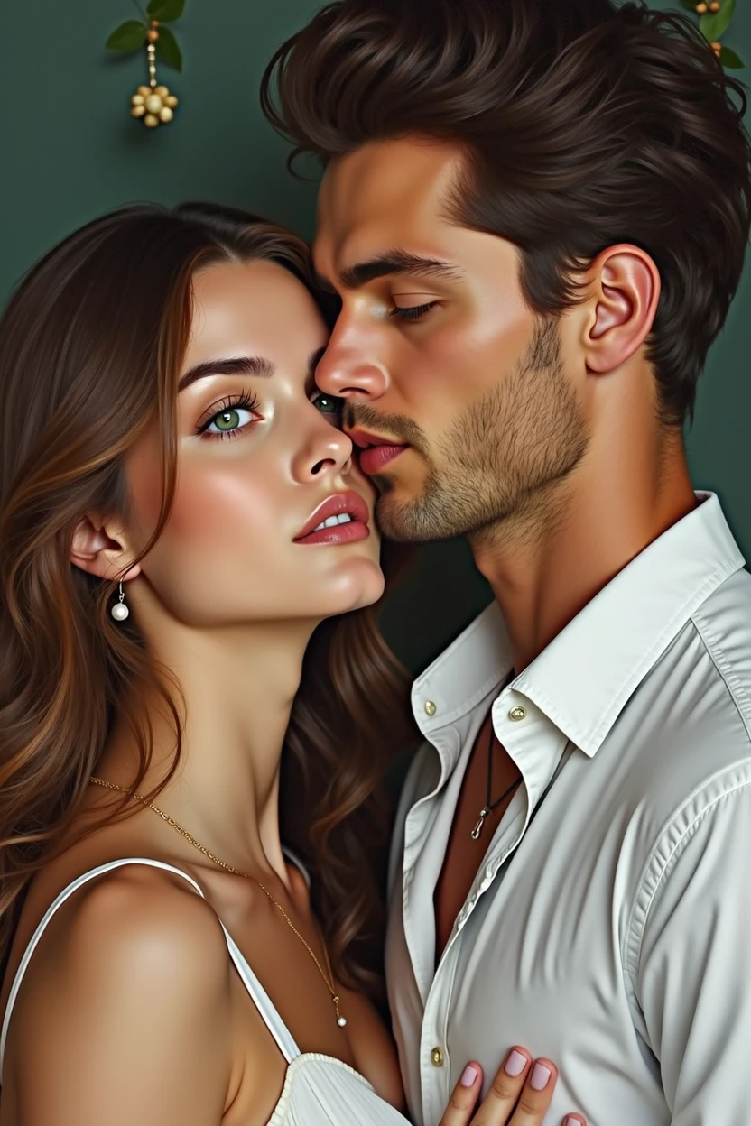 A pair of star-crossed lovers, Emily and Ethan, their passion evident in every lingering touch and tender gaze. A stunning painting captures the essence of their bond, with vivid colors and intricate brushstrokes bringing their relationship to life. Emily's striking features, with her long brown hair and expressive blue eyes, are portrayed in exquisite detail, along with the soft curve of her lips. Ethan, with his handsome face, clean-shaven and defined by his intense green eyes, is depicted wearing a white dress shirt. The overall composition exudes a sense of sincere connection and intimacy, making it a truly captivating work of art. Emily is dressed in a white dress, and Ethan complements her with his white shirt, enhancing the purity and depth of their connection.
