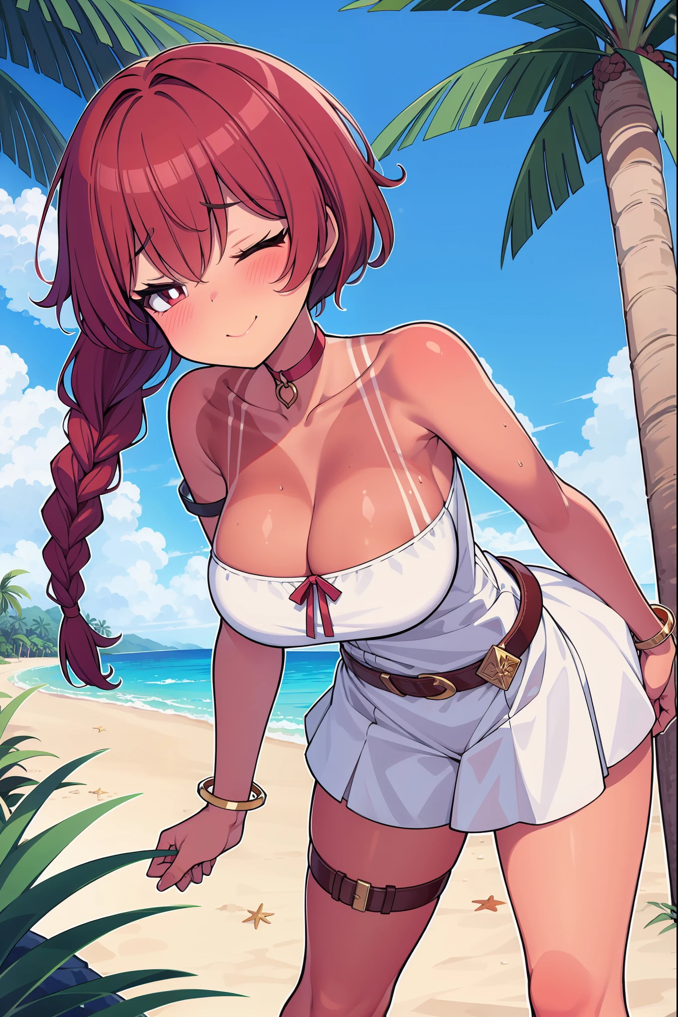 score_9, score_8_up, score_7_up, score_6_up, score_5_up, score_4_up, rating_safe, 1woman, (tan skin:1.2), red hair, (single braid), red eyes, white pupils, eyes half-closed, blush, gentle smile, choker, bare shoulders, collarbone, short sleeves, large breast, belt, sundress, gold bracelet, thigh strap, beach, nearshore, palm tree, leaning forward, head tilt