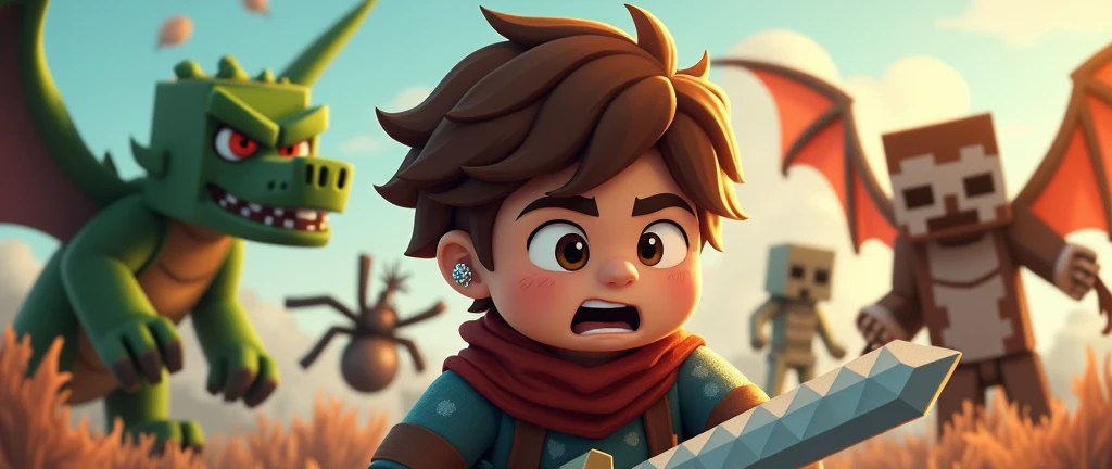 boy with brown hair, Eye Brown, and small diamond earring, com terno preto, minecraft style, with a sword, Fighting with a dragon, A zombie, a spider, and a skeleton.