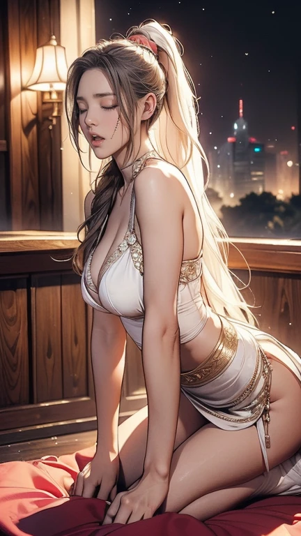(masterpiece, best quality), Sexy white-skinned female boxer，Immerse yourself in a medieval fantasy world:1.0、 (Inside the bar:1.1), High forehead, Long hair without bangs tied into a ponytail:0.3, harem, night, Detailed aspects, seduce 、Large Breasts、Big Ass、Wide waist、
full-body shot:1.7
(Wear sexy fantasy world costumes,The costume is broken:1.3)
(Wearing a magical witch costume）
（There are scars on the clothes：1.8）
(The clothes are very sexy,Show sexy waist:1.1)
white hair color:015
((feeling in pain:1.7))((Frowning and wanting to moan:1.7)) (almost close eyes:1.5)
Look back at the camera:1.6. Back nude:1.6 Turn your back to the camera:1.8. Lie down on a chair:1.9 Show your buttocks:1.6 Show armpits：1.1 Open your mouth and scream for help:1.9 Open your beautiful legs slightly:1.8. Curve eyebrows downward：1.2