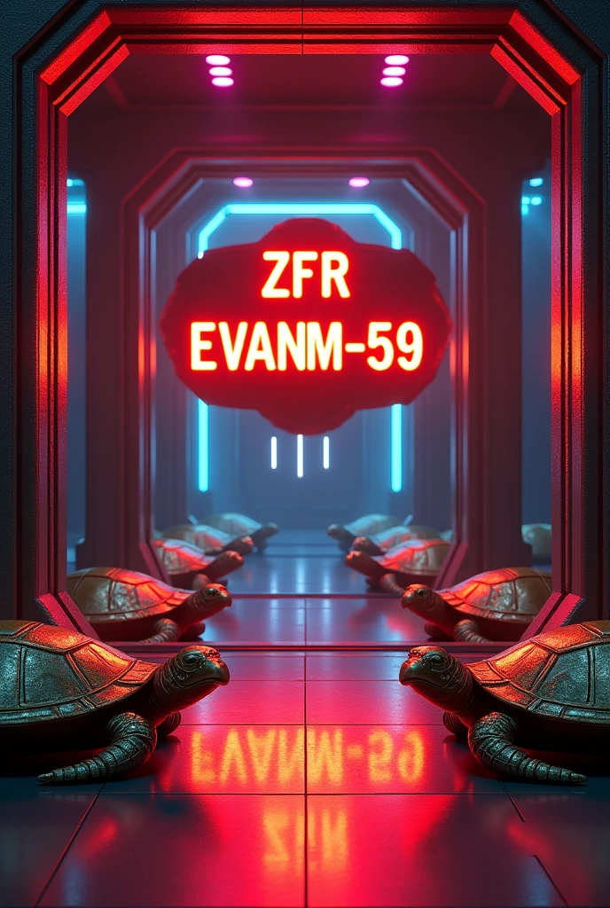 Stylish futuristic room with neon lights and gold turtle statues on the sides and a sign that says ZFR EVANM-59 in red and yellow 