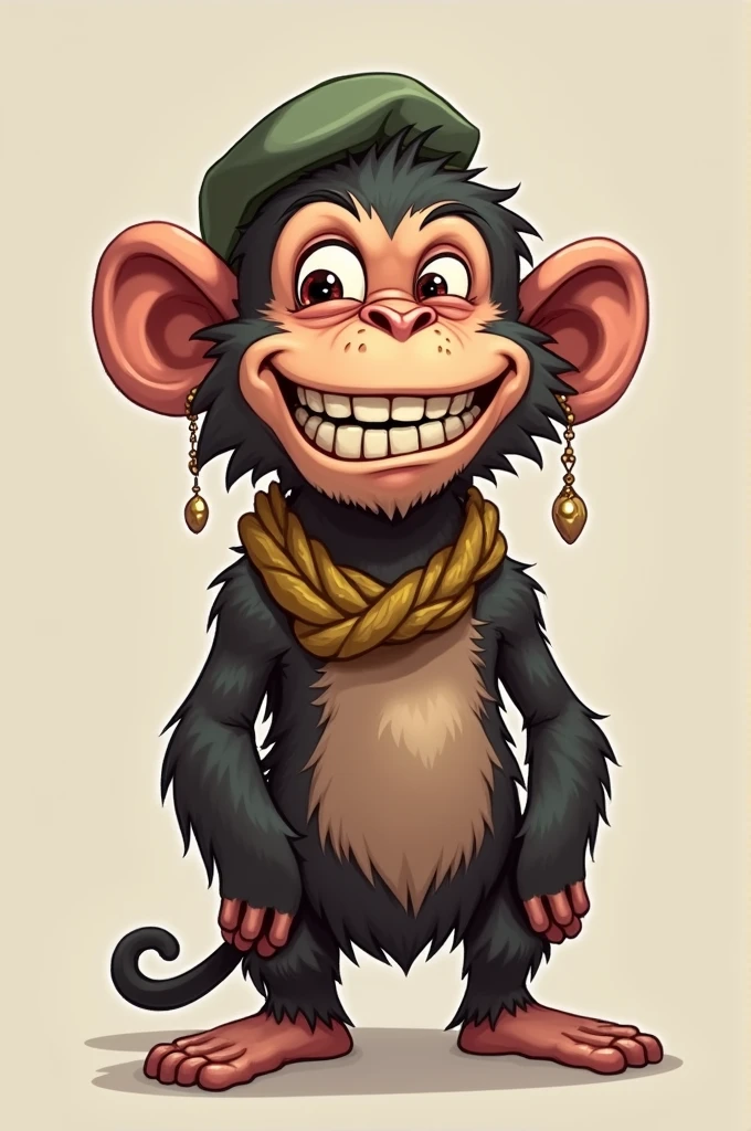 Make a sideways monkey smile very big half human with other clothes and accessories