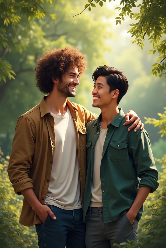 A tall european Man with curly hair and a korean man friends 