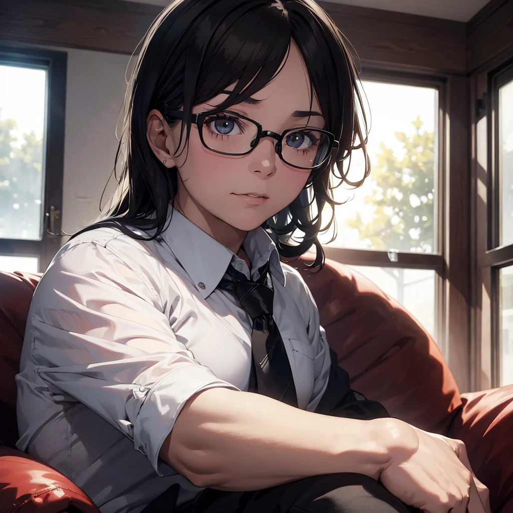 an elderly man adult, tie, wearing glasses and black hair, sitting on a sofa in a house, detailed portrait, realistic, photorealistic, 8k, ultra-detailed, masterpiece, dramatic lighting, cinematic, warm color tones, high quality