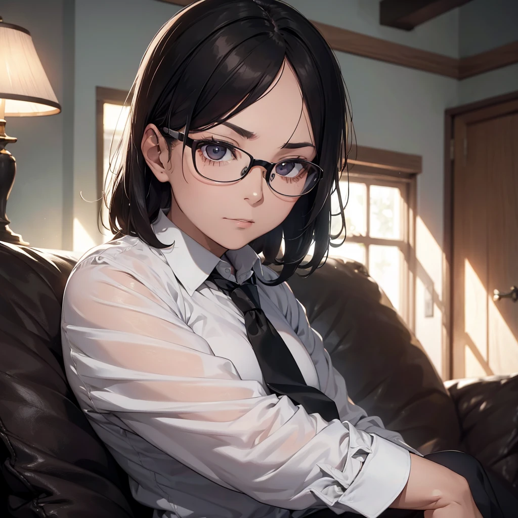 an elderly man adult, tie, wearing glasses and black hair, sitting on a sofa in a house, detailed portrait, realistic, photorealistic, 8k, ultra-detailed, masterpiece, dramatic lighting, cinematic, warm color tones, high quality