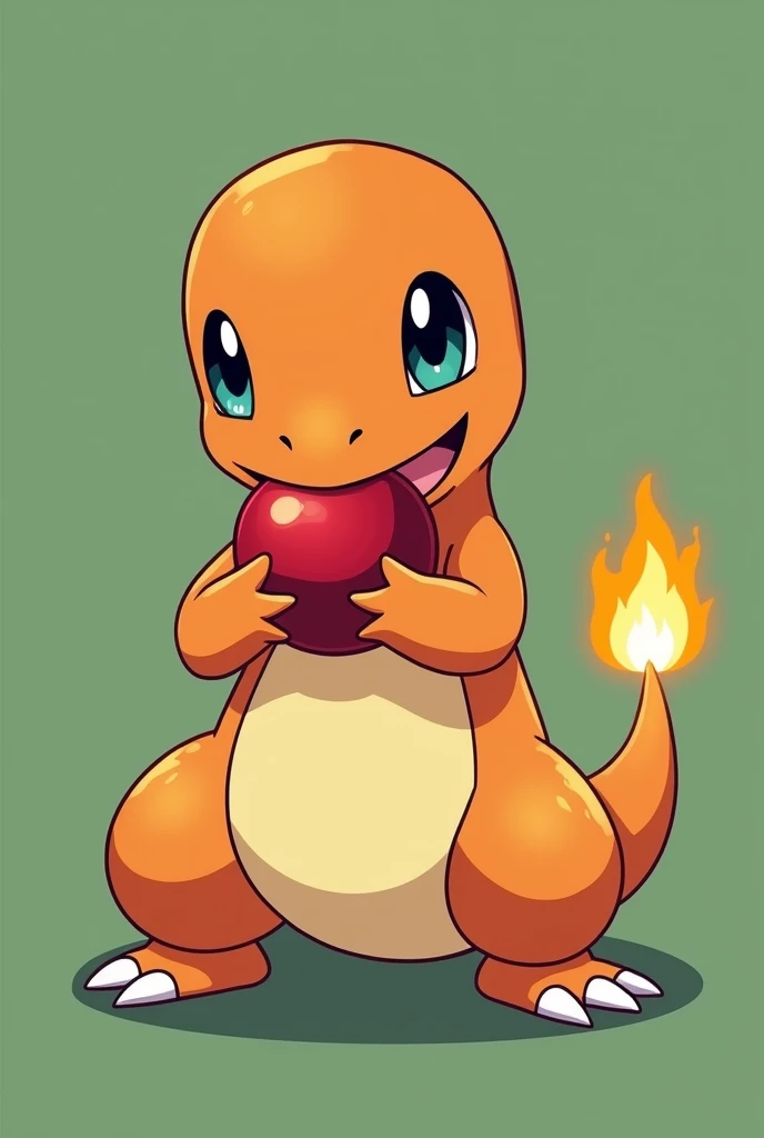 A Charmander eating an apple in the style of the first season of Pokemon