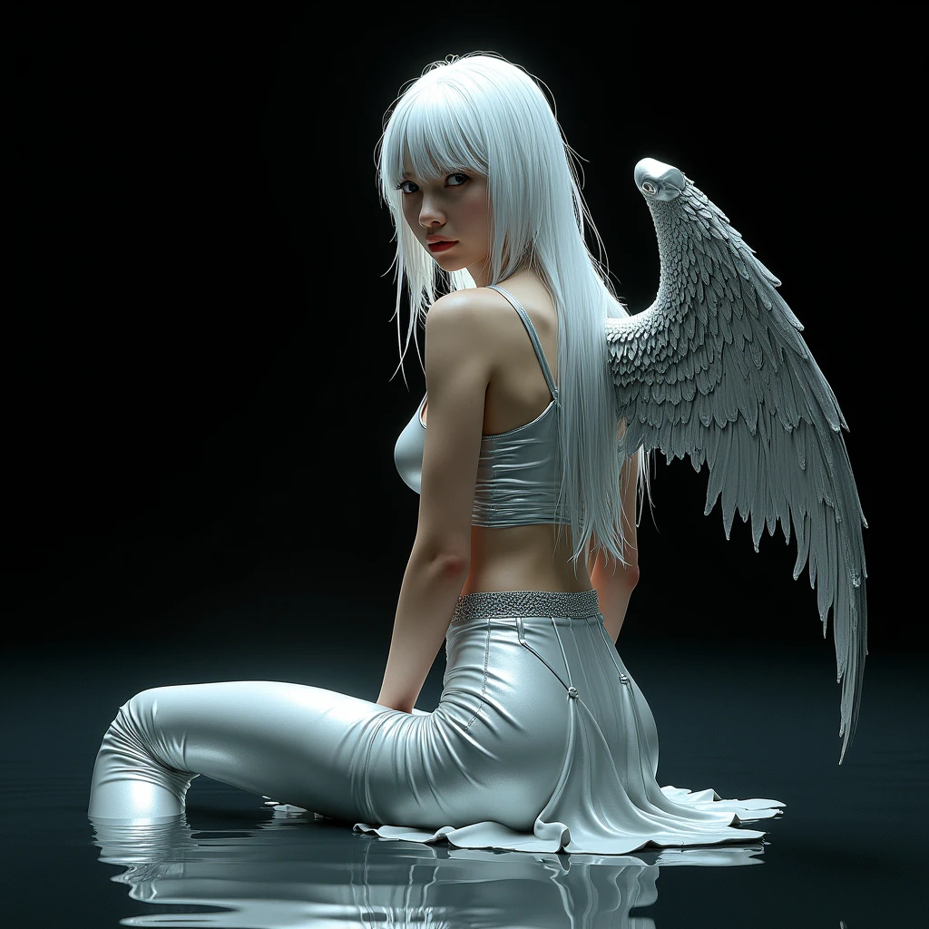 A girl with long white hair with her back sitting on the ground and two metal wings coming out of her, silver tribal very y2k and her wet hair, I want the black background to show her looking back, she will wear a silver latex crop top and a silver skirt and a silver latex thigh high long boot add a floor with water 