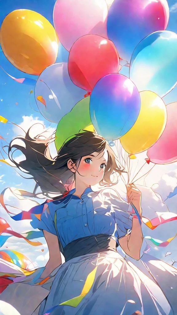 girl ((holding colorful balloons)), on site, Colorful balloons floating in the sky, hyper detail, UHD, Super realistic :1.2,realistic face、Beautiful woman、highest quality、woman flying in the sky with balloons:1.4